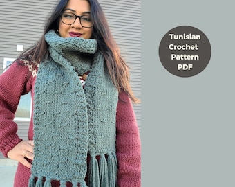 Long crochet scarf, tunisian crochet pattern, tunisian scarf, textured scarf, easy crochet scarf pattern, beginner crochet,scarf with fringe