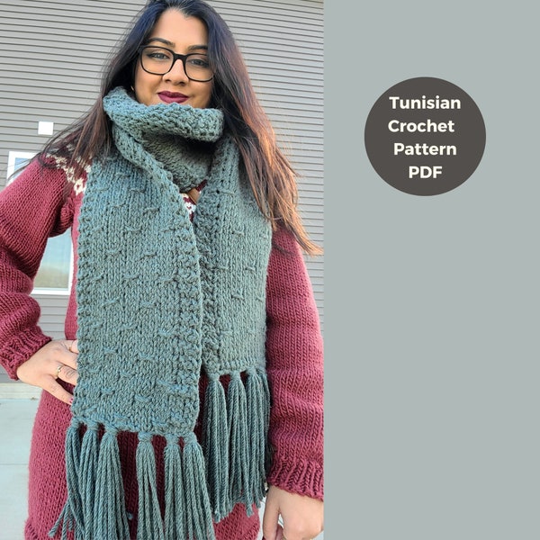 Long crochet scarf, tunisian crochet pattern, tunisian scarf, textured scarf, easy crochet scarf pattern, beginner crochet,scarf with fringe