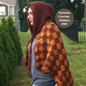 Hooded cape pattern, crochet cape pattern, crochet cloak pattern, hooded cloak pattern, cape crochet pattern, tunisian entrelac crochet image 1