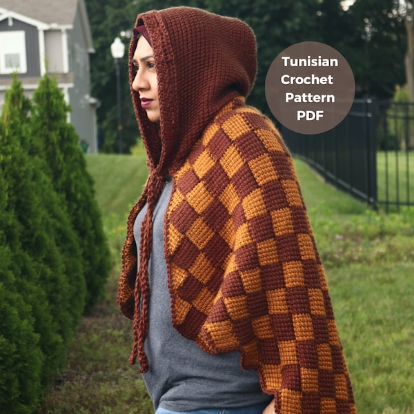 Hooded cape pattern, crochet cape pattern, crochet cloak pattern, hooded cloak pattern, cape crochet pattern, tunisian entrelac crochet