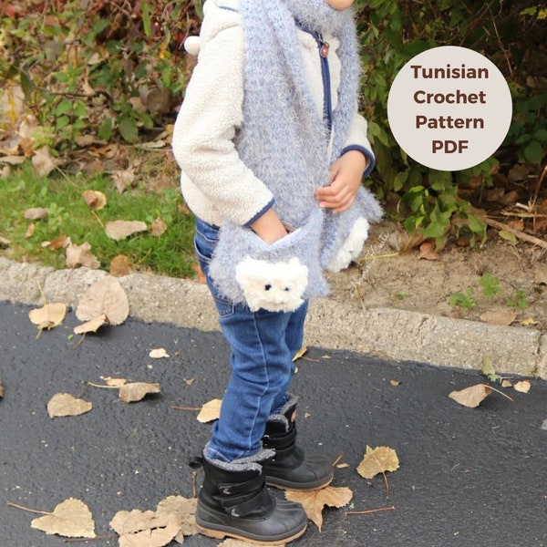 Polar bear pocket scarf,crochet pattern for polar bear scarf, Tunisian crochet pattern, Crochet PDF Pattern, Children Scarf Pattern for Kids