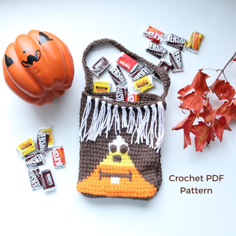 Candy Corn Crochet Halloween Bag Pattern pdf instant digital download, crochet pattern pdf, halloween crochet pattern, tunisian crochet image 1