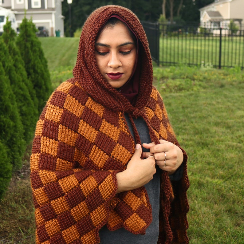 Hooded cape pattern, crochet cape pattern, crochet cloak pattern, hooded cloak pattern, cape crochet pattern, tunisian entrelac crochet image 5