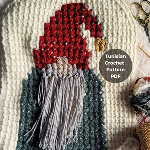 May include: A close-up of a crocheted gnome with a red hat, a gray beard, and a green and white background. The text "Tunisian Crochet Pattern PDF" is visible in the image.