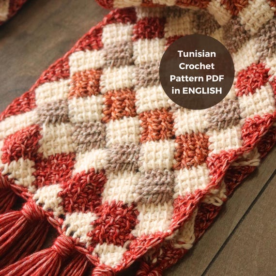 Tunisian Crochet Entrelac Scarf Pattern With Fringe (PDF Pattern