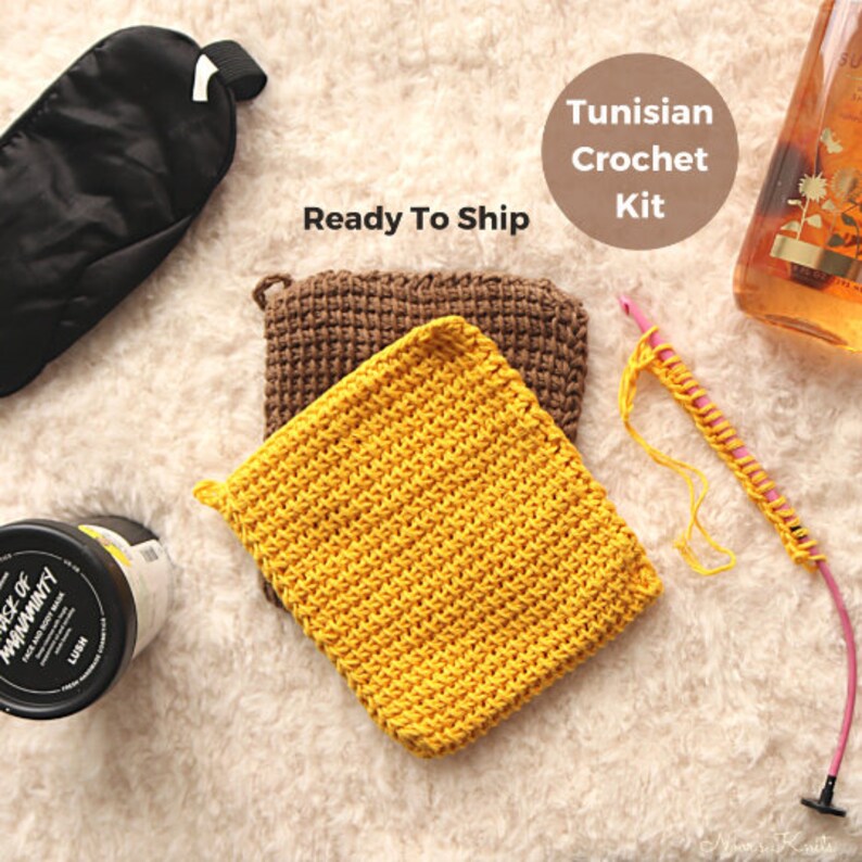 Tunisian crochet pattern, crochet kit for beginners, learn Tunisian crochet, crochet kit yarn, cute craft kit, diy craft kit, kit diy, image 1