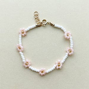 Daisy Beaded bracelet | baby bracelet toddler bracelet | white bracelet | women's bracelet | pink flower bracelet | gold filled | seed bead