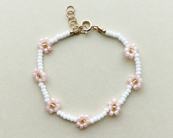 Daisy Beaded bracelet | baby bracelet toddler bracelet | white bracelet | women's bracelet | pink flower bracelet | gold filled | seed bead