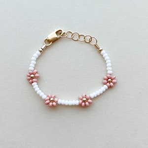 Daisy Beaded bracelet | baby bracelet toddler bracelet | white bracelet | women's bracelet | pink flower bracelet | gold filled | seed bead
