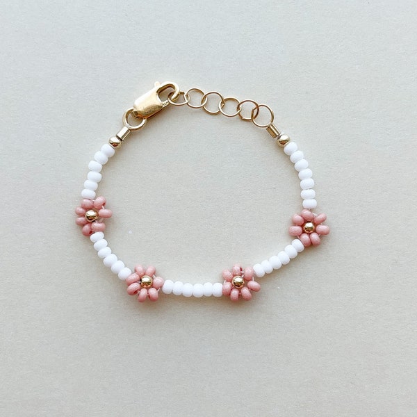 Daisy Beaded bracelet | baby bracelet toddler bracelet | white bracelet | women's bracelet | pink flower bracelet | gold filled | seed bead