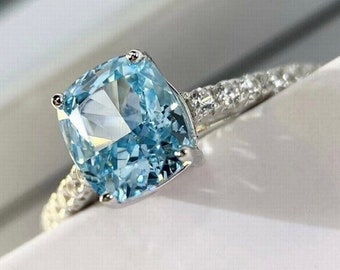 2 CT Aquamarine Cushion Engagement Ring in 925 Sterling Silver White Gold Finish