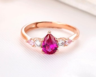 Pink Solitaire Rubylite Tourmaline Ring  Rose Gold-Plated 925 Sterling Silver Ring Adjustable