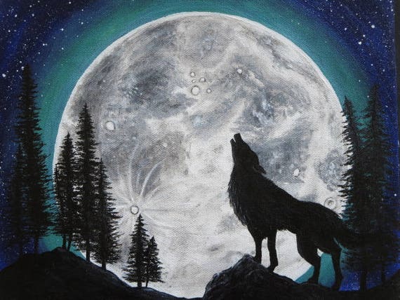Original Painting of a wolf howling at a full moon Acrylic | Etsy