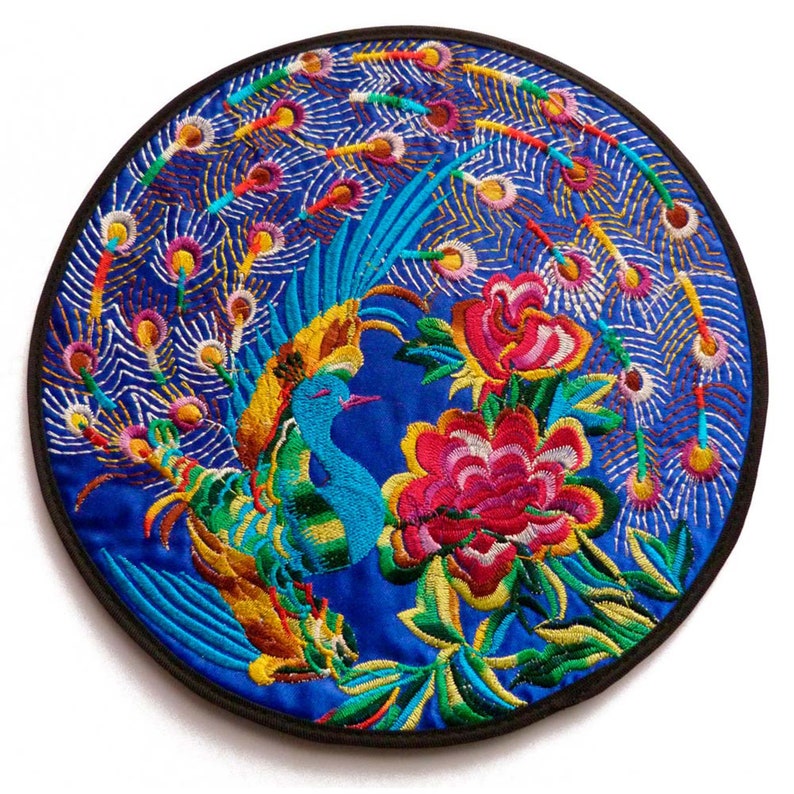 1 large round flat multicolored satin and black birds peacock turquoise flowers ethnic multicolored embroidery 19.5 cm Blue