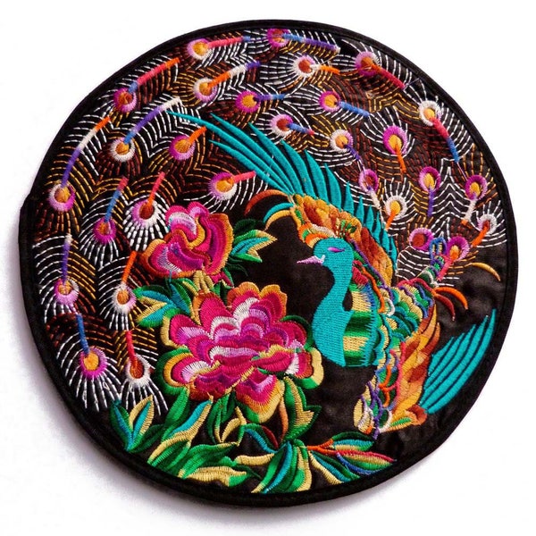 1 grand rond plat en satin multicolore et Noir oiseaux paon turquoise fleurs broderies multicolore ethnique 19,5 cm