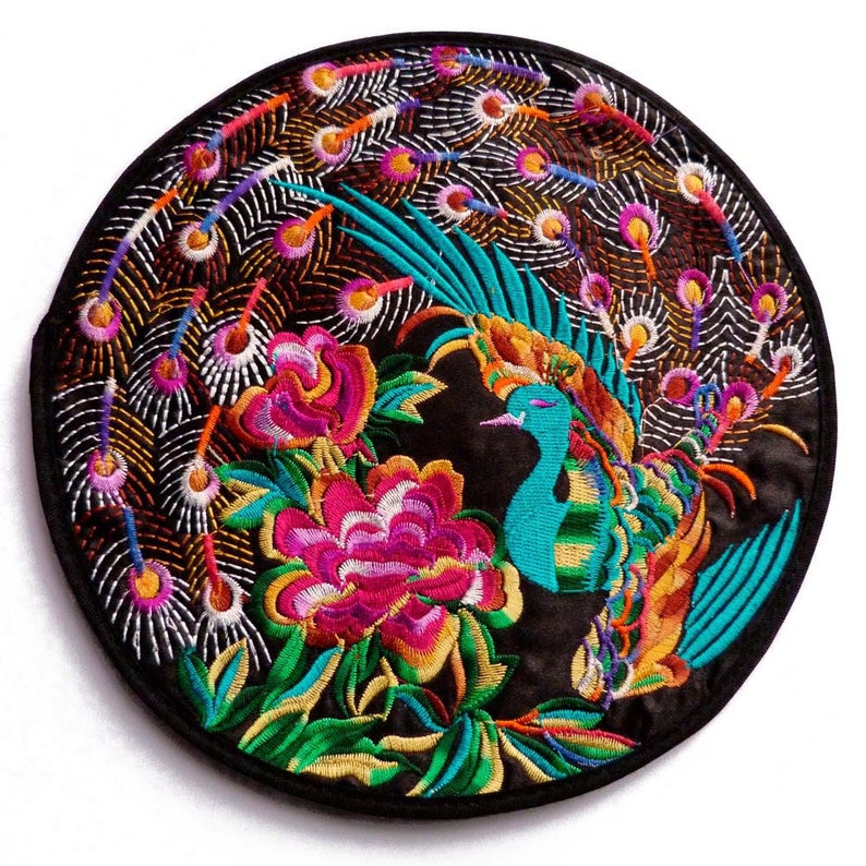 1 large round flat multicolored satin and black birds peacock turquoise flowers ethnic multicolored embroidery 19.5 cm Black