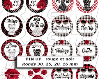 Druckbare Datei zum Herunterladen von 72 digitalen Bildern für cabochon theme pin up retro vintage version rot schwarz - rund