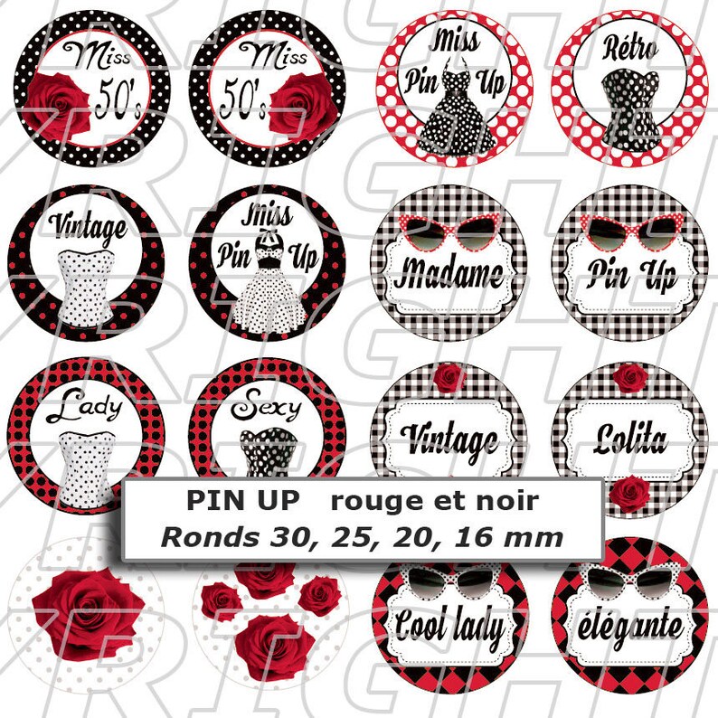 Fichier imprimable à télécharger 72 Images digitales pour cabochon thème pin up rétro vintage version rouge noir rond image 1