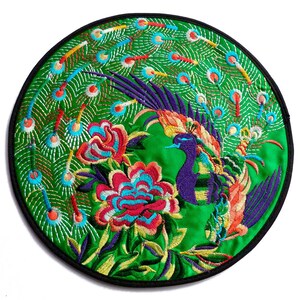 1 large round flat multicolored satin and black birds peacock turquoise flowers ethnic multicolored embroidery 19.5 cm Green