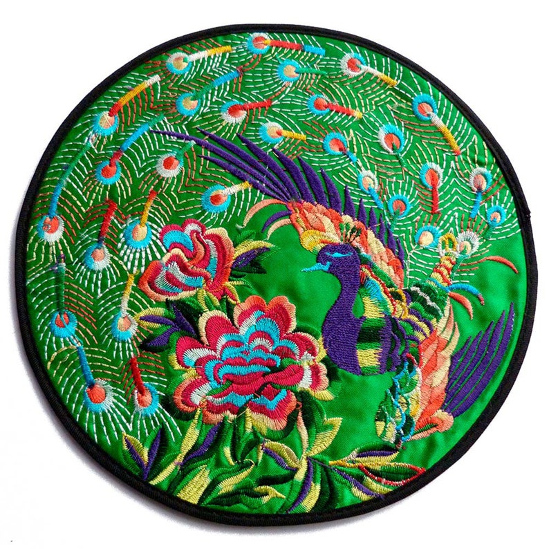 1 large round flat multicolored satin and black birds peacock turquoise flowers ethnic multicolored embroidery 19.5 cm Green