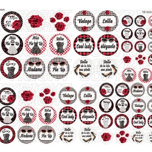 Fichier imprimable à télécharger 72 Images digitales pour cabochon thème pin up rétro vintage version rouge noir rond image 2