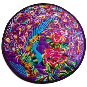 1 large round flat multicolored satin and black birds peacock turquoise flowers ethnic multicolored embroidery 19.5 cm Purple