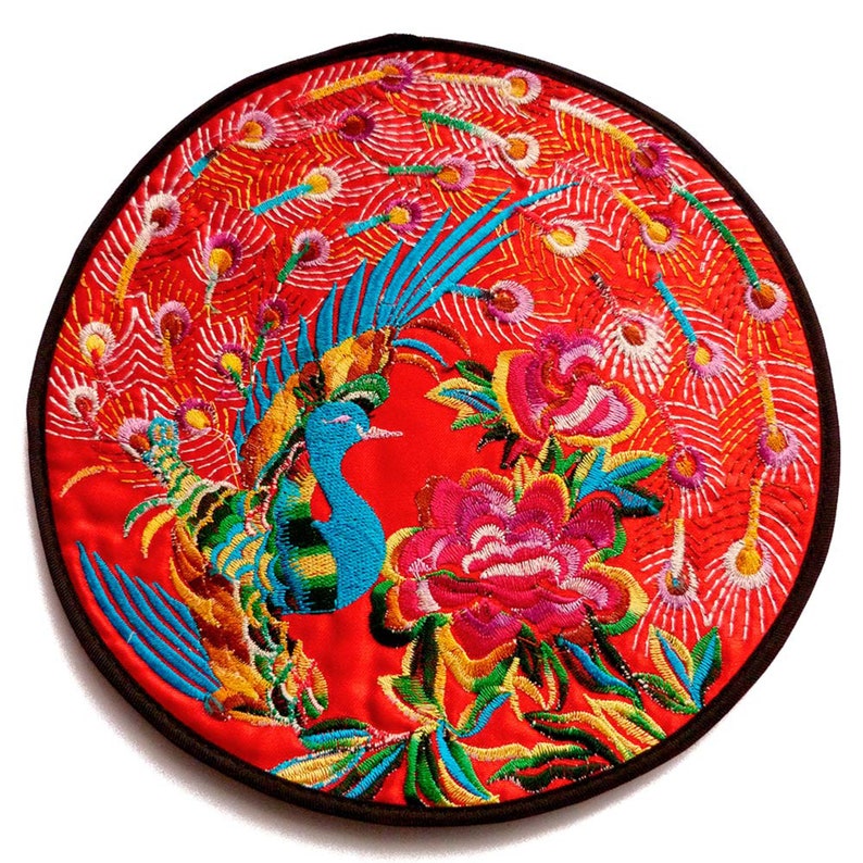 1 large round flat multicolored satin and black birds peacock turquoise flowers ethnic multicolored embroidery 19.5 cm Red