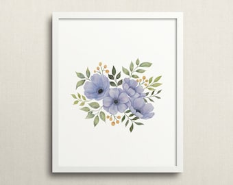 Instant Digital Download, Wall Art Decor, Purple Anemone Flowers, Watercolor Printable Art