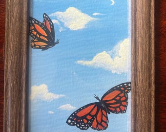 Cloudy Sky & Monarch Butterfly Framed Painting | Whimsical Abstract Art