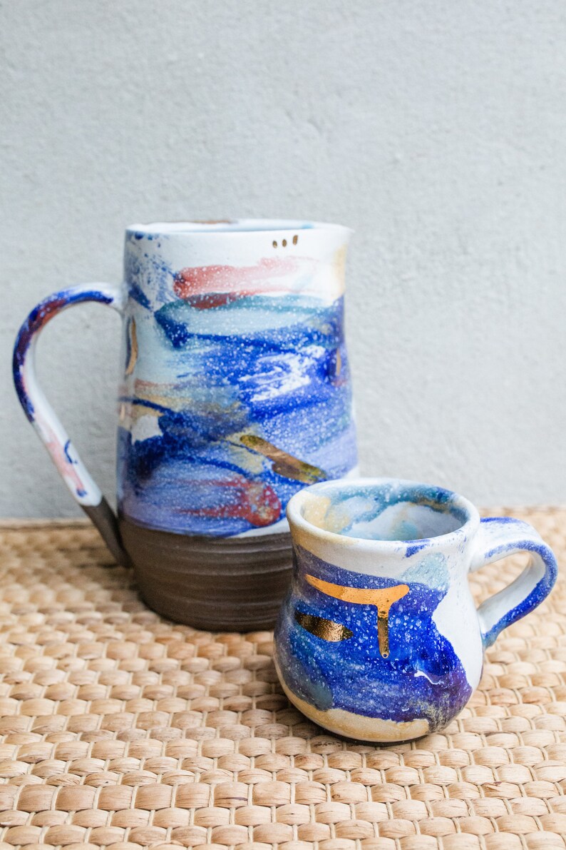 Colorful Ceramic Pitcher/ Colorful Pottery Pitcher with Gold Accents/ Handmade Stoneware Pitcher/ Brukie Studio image 2