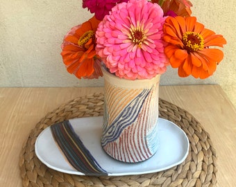 Striped Colorful Ceramic Vase and Plater Center Piece/ Vase with Oval Platter/ Pottery Flower Vase/ Brukie Studio