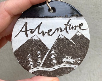 Adventure Ornament/ Mountain Ornament/ Road Trip Ornament/  Wilderness Ornament/ Ceramic Ornament/ Carved Pottery Ornament/ Brukie Studio