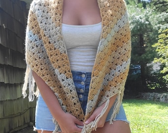Gold ice crochet shawl scarf, triangle shawl scarf, gold gray shawl, unisex scarf, spring shawl, soft light shawl scarf