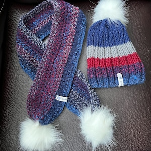Hand-Knitted Kids Beanie Hat and Scarf Set: Shaded Blue Gray Red