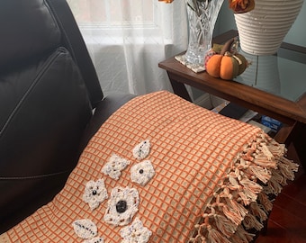 Manta tejida naranja, apliques de ganchillo hechos a mano, decoración elegante para el hogar