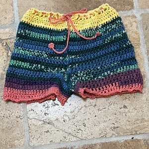 Green yellow pink crochet adult shorts,handmade multicolor shorts, crochet shorts, summer shorts, beachwear shorts, fun shorts