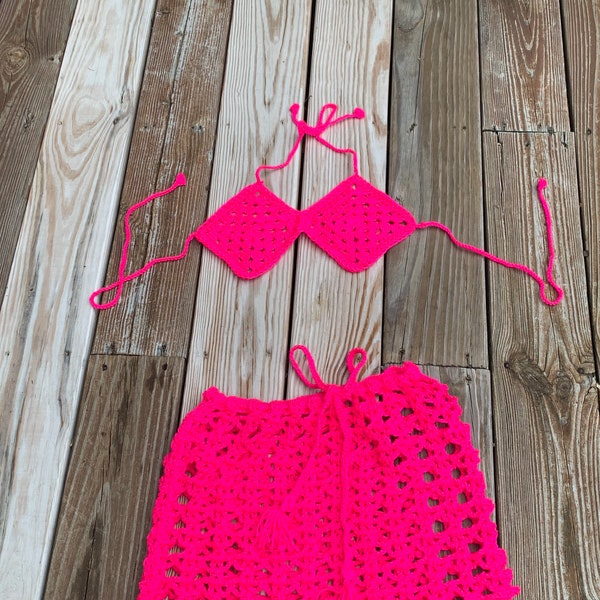 Neon Pink Crochet Girls Tankini