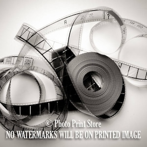 Movie poster photography vintage movie film reel unrolled black and white, printable wall art home decor digital download