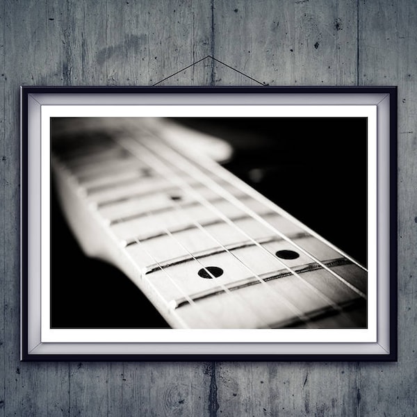 Electric guitar photo wall art, black and white neck musical instrument printable digital download home and living decor