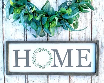 HOME Wood Sign With Painted Wreath, New Home Gift, Housewarming Gift, Farmhouse Style, Wood Sign, Wedding Gift