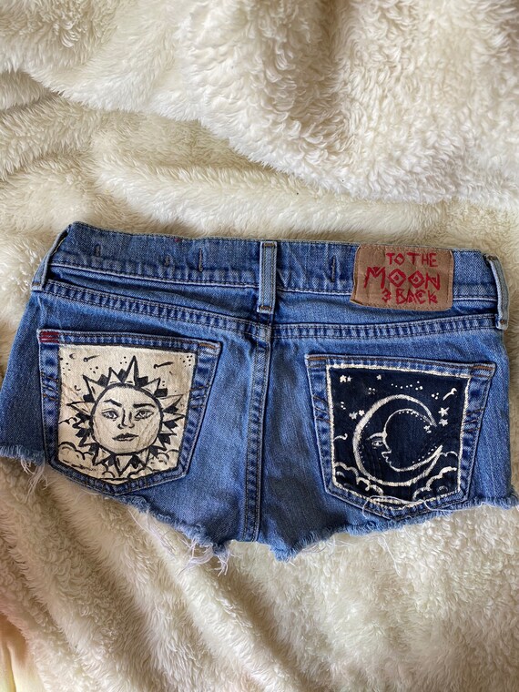 Painted Sun and Moon Pocket Jean Shorts 