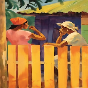 Puede incluir: Dos personas están sentadas en lados opuestos de una valla de madera amarilla. La persona de la izquierda lleva una camisa rosa y una pañoleta roja. La persona de la derecha lleva una camisa blanca y un sombrero blanco. Ambas miran hacia otro lado.