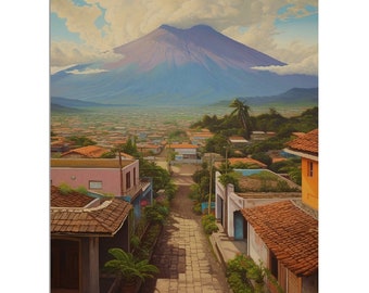 Calle de pueblo de adoquines de América Central / Volcán San Cristóbal Paisaje de campo de Nicaragua / Estilo de pintura de lienzo de aceite de granja