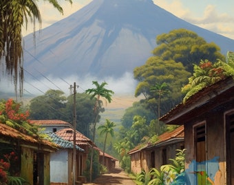 Oil Painting Sunrise View of San Cristobal Volcano Countryside Mountain Landscape of Central America Art Calming Wall Naive Latin Art