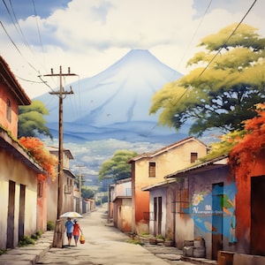 Op de afbeelding: Een aquarel schilderij van een straatbeeld in een klein stadje. De straat is omzoomd met kleurrijke huizen en op de achtergrond is een grote vulkaan te zien. Twee mensen lopen over straat, ze dragen een paraplu en een mand.