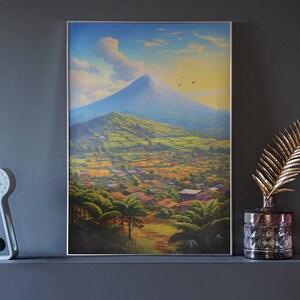 May include: A framed painting of a mountain landscape with a village in the foreground. The mountain is a vibrant blue and the sky is a light blue with white clouds. The village is a mix of green and brown buildings.