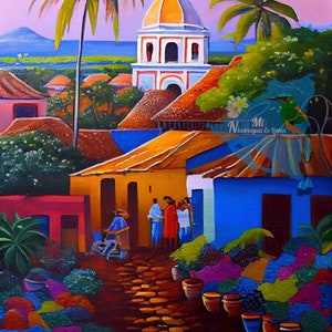 Oude stad Granada Nicaragua Geplaveide straatschildering Koloniale stijl Boerenmarktschilderij Arte De Nicaragua Ingenuo Latijns-Amerikaanse kunstwerken