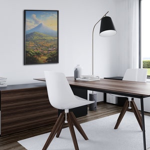 May include: A modern home office with a wooden desk, two white chairs, and a black floor lamp. A framed painting of a mountain landscape hangs on the wall.
