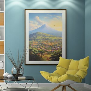 May include: A yellow armchair with a white base and wooden legs sits in a room with a framed painting of a mountain landscape. The painting is on a blue wall with recessed lighting.