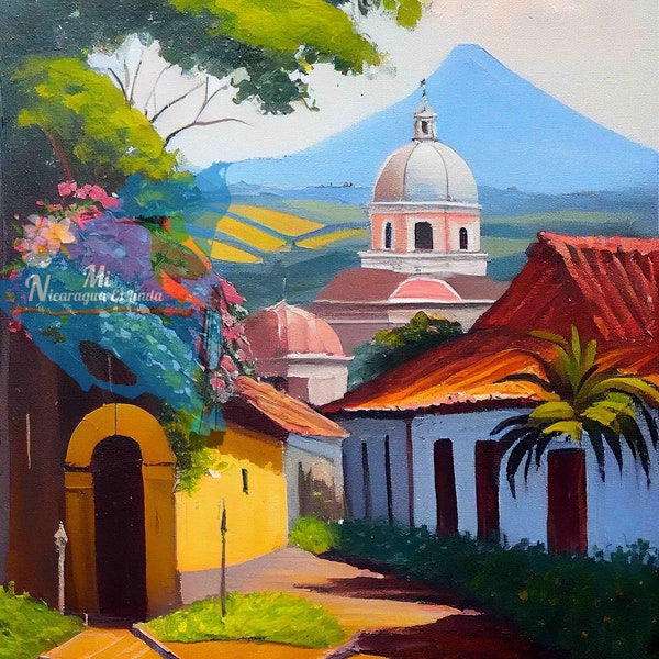 Old City Village Of Granada Nicaragua Street Spain Colonial Church Style Naive Folk Art Aesthetics Painting | Arte De Nicaragua Ingenuo